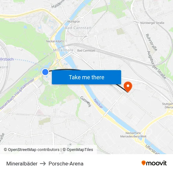 Mineralbäder to Porsche-Arena map