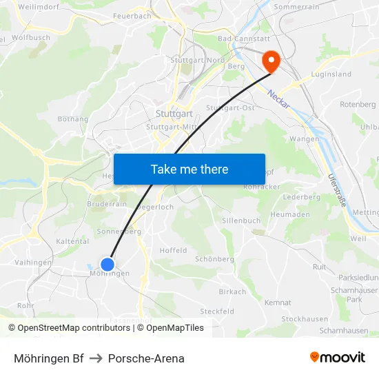 Möhringen Bf to Porsche-Arena map