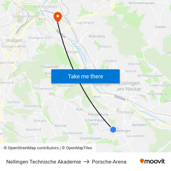 Nellingen Technische Akademie to Porsche-Arena map