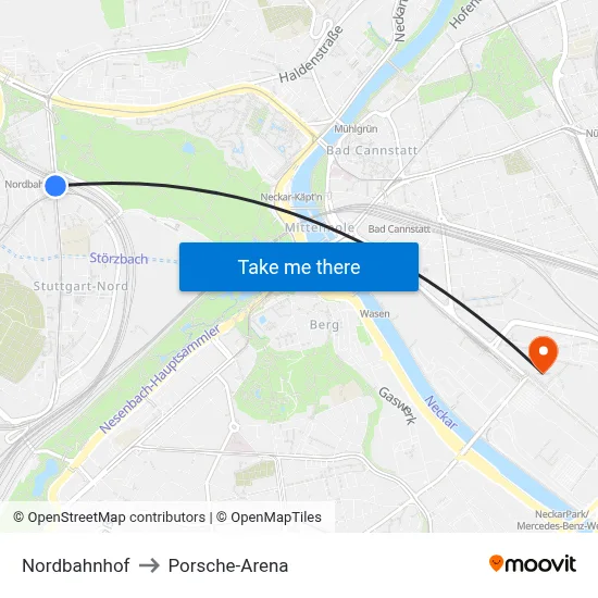 Nordbahnhof to Porsche-Arena map
