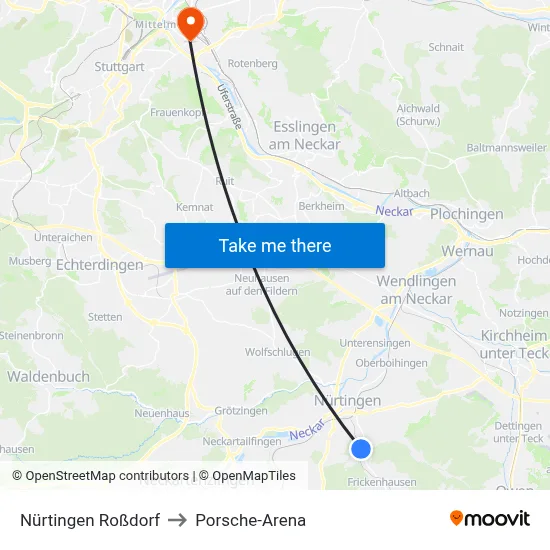 Nürtingen Roßdorf to Porsche-Arena map
