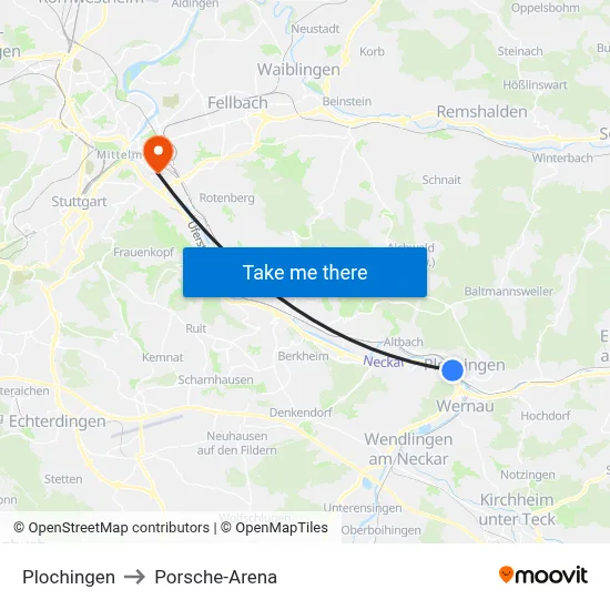 Plochingen to Porsche-Arena map