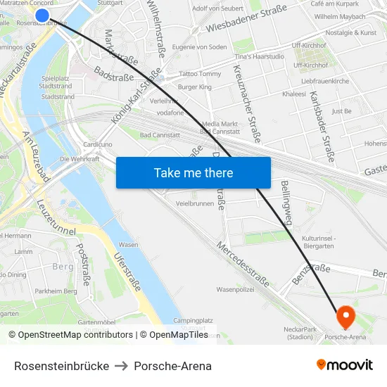 Rosensteinbrücke to Porsche-Arena map