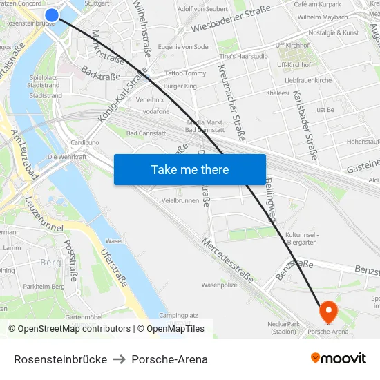 Rosensteinbrücke to Porsche-Arena map