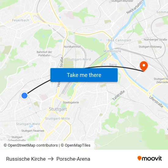 Russische Kirche to Porsche-Arena map