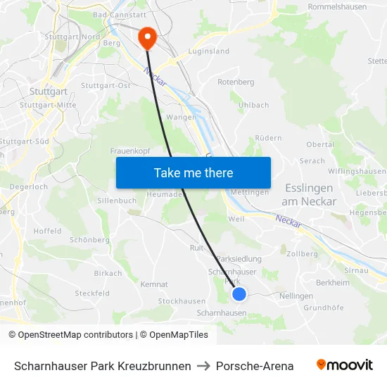Scharnhauser Park Kreuzbrunnen to Porsche-Arena map