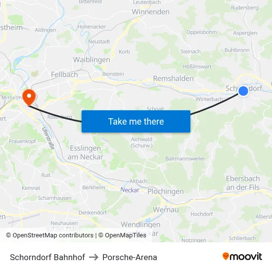 Schorndorf Bahnhof to Porsche-Arena map