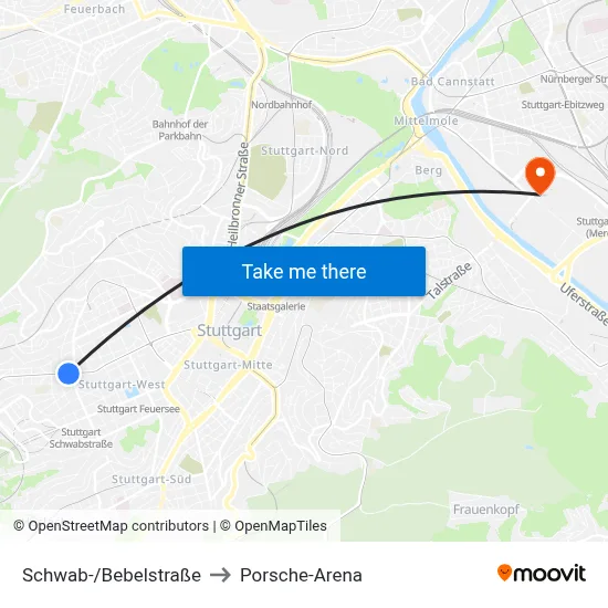 Schwab-/Bebelstraße to Porsche-Arena map