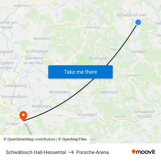 Schwäbisch Hall-Hessental to Porsche-Arena map