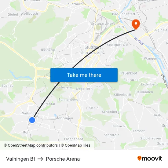 Vaihingen Bf to Porsche-Arena map