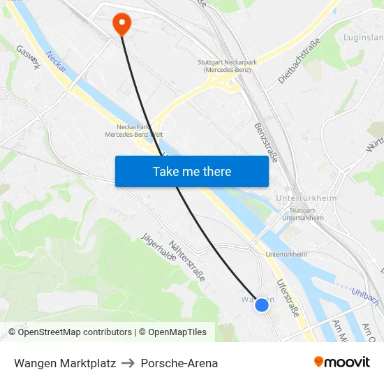 Wangen Marktplatz to Porsche-Arena map