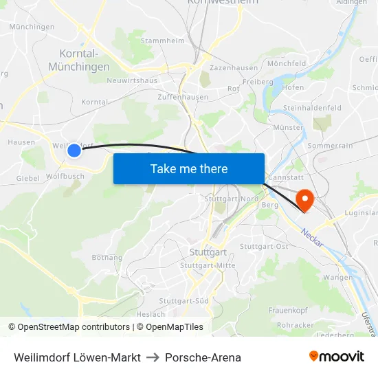 Weilimdorf Löwen-Markt to Porsche-Arena map