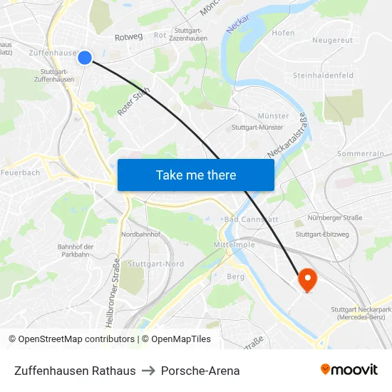 Zuffenhausen Rathaus to Porsche-Arena map