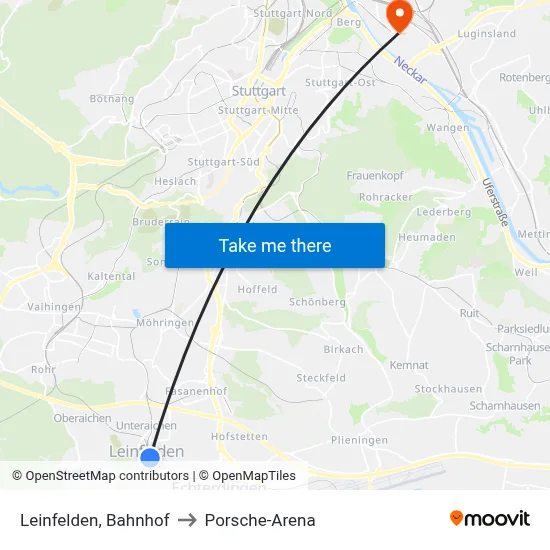 Leinfelden, Bahnhof to Porsche-Arena map