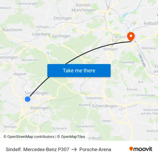 Sindelf. Mercedes-Benz P307 to Porsche-Arena map