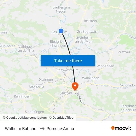 Walheim Bahnhof to Porsche-Arena map