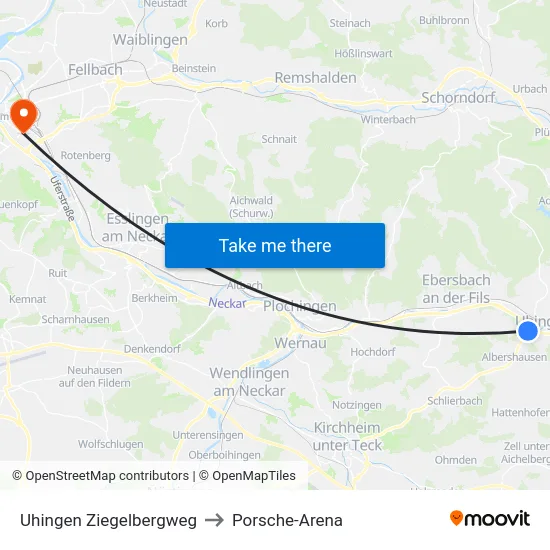Uhingen Ziegelbergweg to Porsche-Arena map