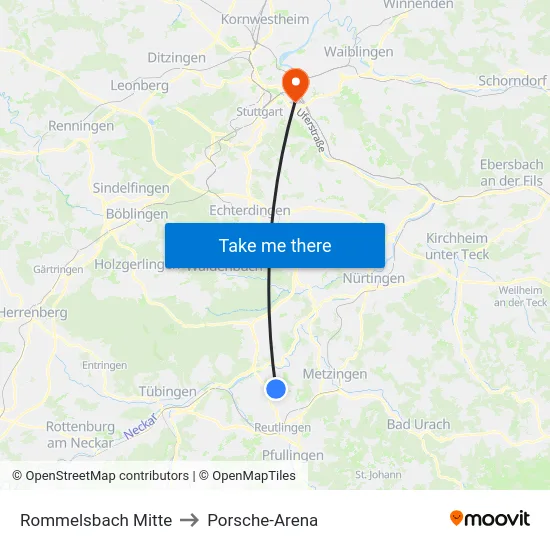 Rommelsbach Mitte to Porsche-Arena map