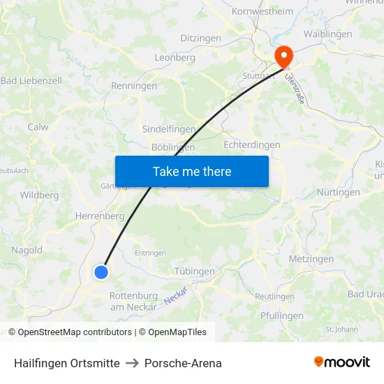 Hailfingen Ortsmitte to Porsche-Arena map