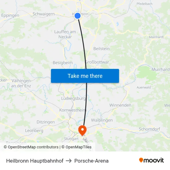 Heilbronn Hauptbahnhof to Porsche-Arena map