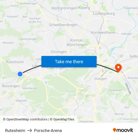 Rutesheim to Porsche-Arena map