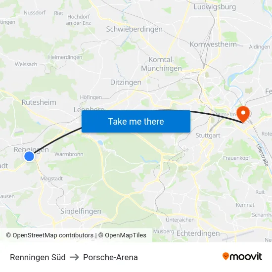 Renningen Süd to Porsche-Arena map