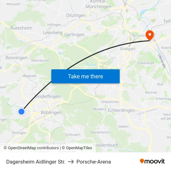 Dagersheim Aidlinger Str. to Porsche-Arena map
