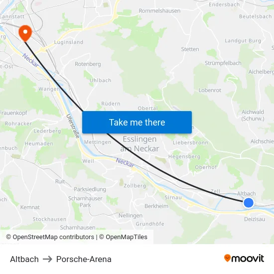 Altbach to Porsche-Arena map