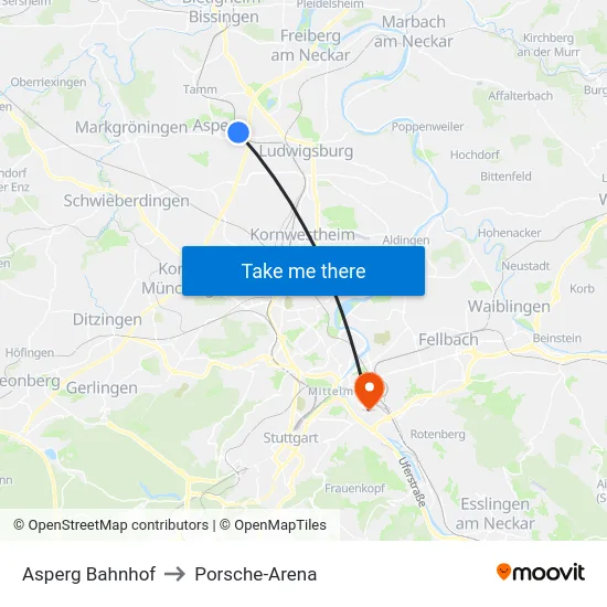 Asperg Bahnhof to Porsche-Arena map