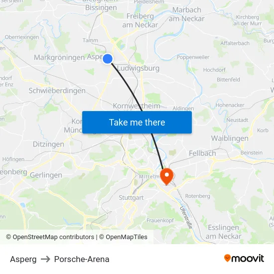 Asperg to Porsche-Arena map