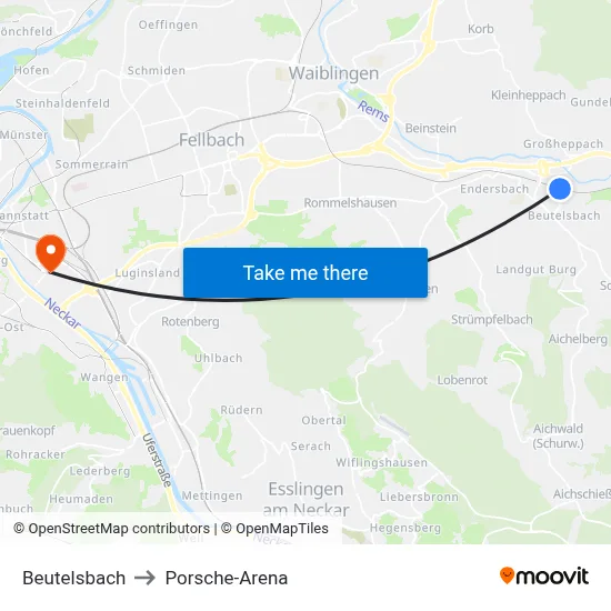 Beutelsbach to Porsche-Arena map