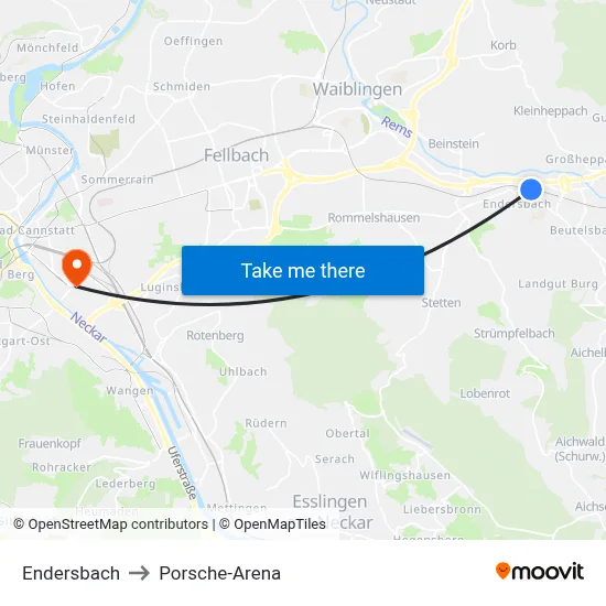 Endersbach to Porsche-Arena map