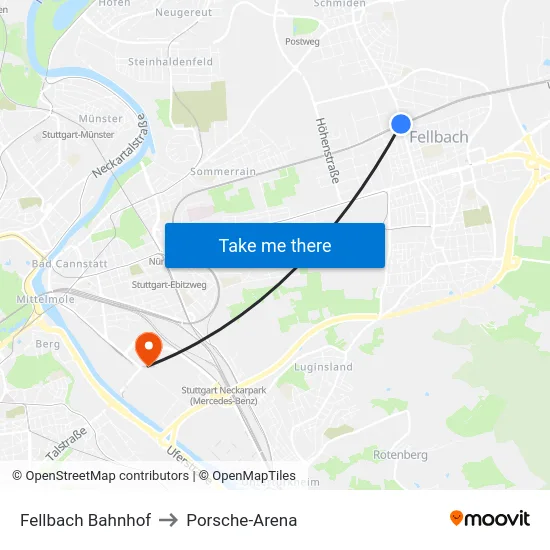 Fellbach Bahnhof to Porsche-Arena map