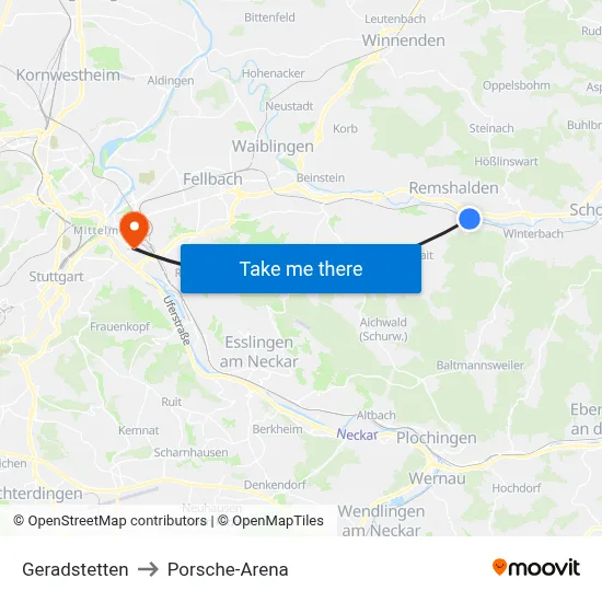 Geradstetten to Porsche-Arena map
