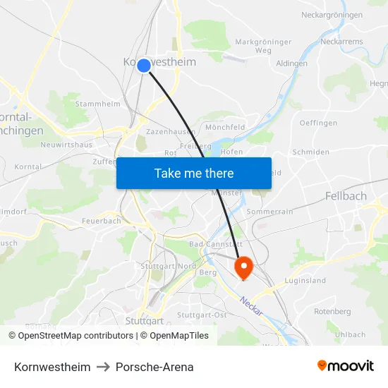 Kornwestheim to Porsche-Arena map