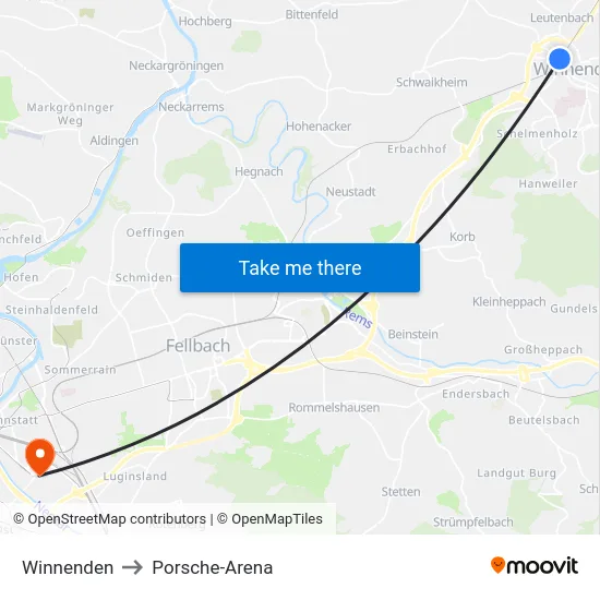 Winnenden to Porsche-Arena map