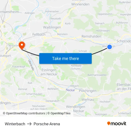Winterbach to Porsche-Arena map