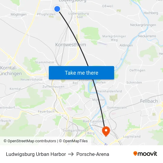 Ludwigsburg Urban Harbor to Porsche-Arena map