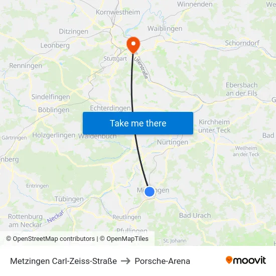 Metzingen Carl-Zeiss-Straße to Porsche-Arena map