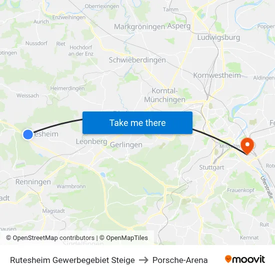 Rutesheim Gewerbegebiet Steige to Porsche-Arena map
