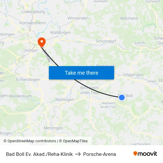Bad Boll Ev. Akad./Reha-Klinik to Porsche-Arena map