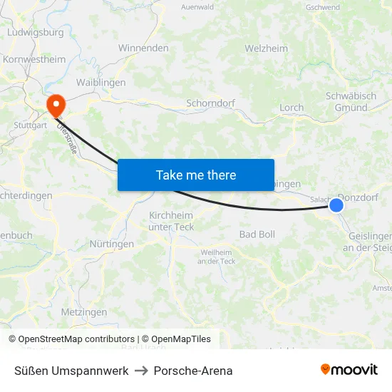 Süßen Umspannwerk to Porsche-Arena map