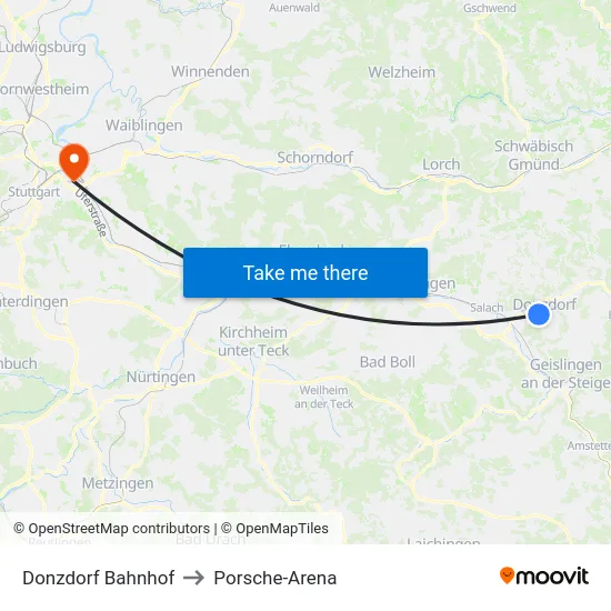 Donzdorf Bahnhof to Porsche-Arena map