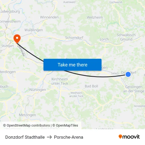 Donzdorf Stadthalle to Porsche-Arena map