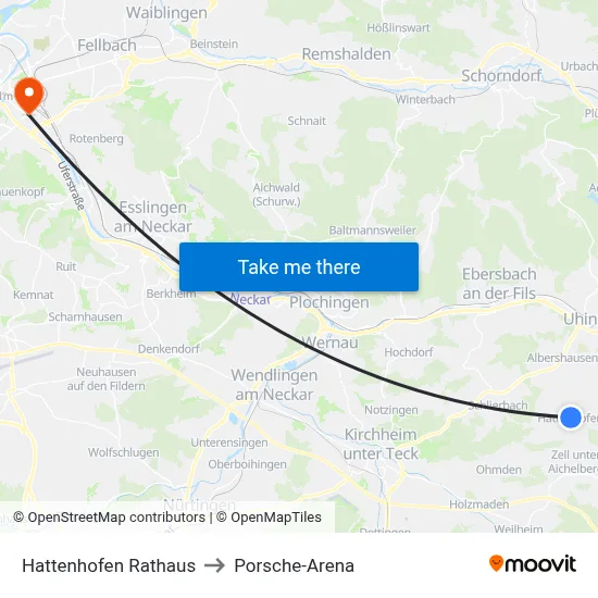 Hattenhofen Rathaus to Porsche-Arena map