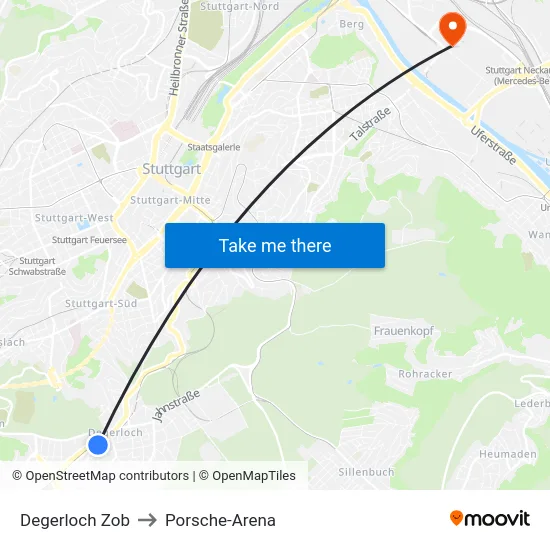 Degerloch Zob to Porsche-Arena map