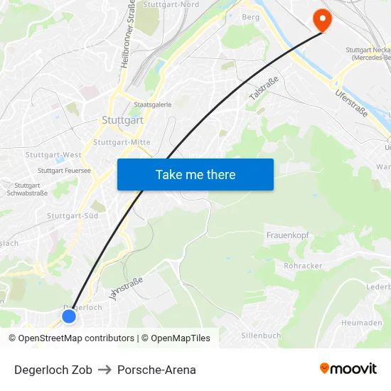 Degerloch Zob to Porsche-Arena map
