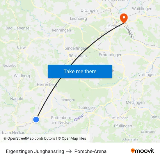 Ergenzingen Junghansring to Porsche-Arena map