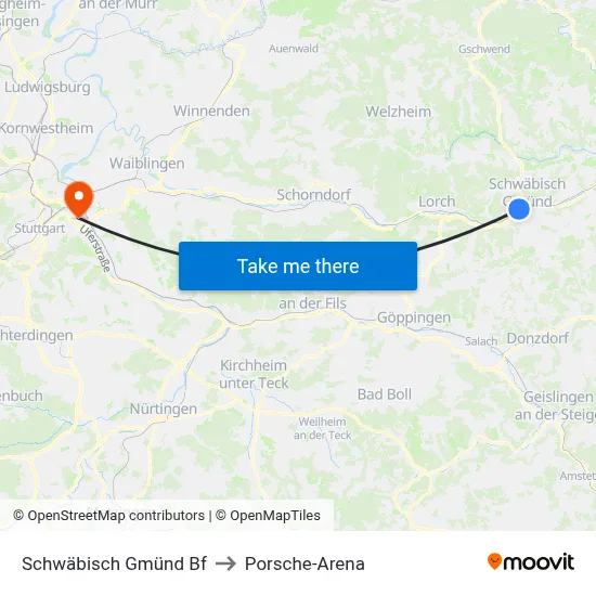 Schwäbisch Gmünd Bf to Porsche-Arena map