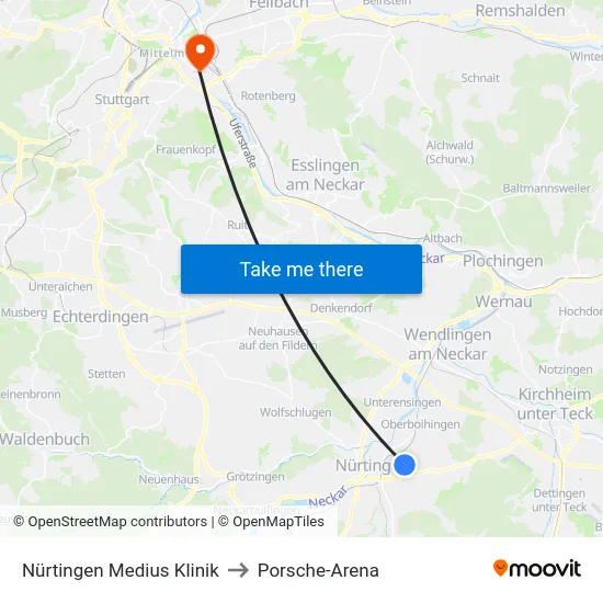 Nürtingen Medius Klinik to Porsche-Arena map
